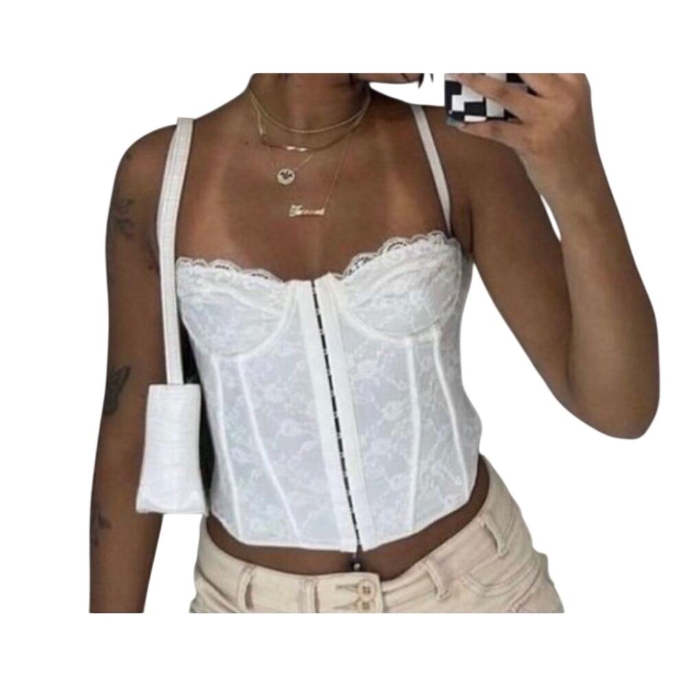 Micas White Lace Corset Top Small Strapless Bustier Hook Front NWT y2k inspired - Picture 1 of 5